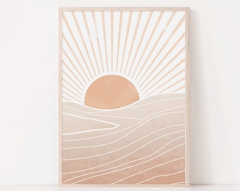 Arte abstracto del amanecer, arte de la pared moderna, impresión del amanecer en colores pastel, pintura solar, impresión de arte abstracto, impresión minimalista, arte de la pared de la sala de estar