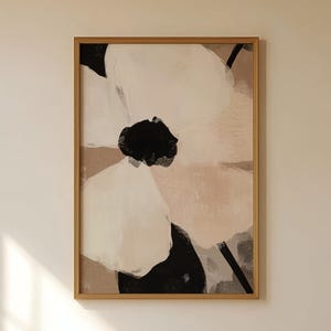 May include: A white bathtub with a black and white checkered floor. A wooden stool with towels on top is in the foreground. A framed abstract painting of a white and pink flower is on the wall. The bathroom has white walls and trim.