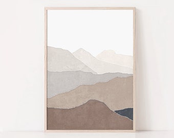 Puede incluir: Impresión de arte abstracto con un paisaje de montaña en capas en tonos de marrón, gris y blanco. La impresión está enmarcada en un marco de madera claro.
