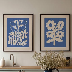 Botanical Silhouette Art Print Set: Blue Cream Floral Home Decor (Digital Download)