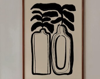 Abstrakte schwarze Vasen botanische Druck, minimalistische Boho Dekor (digitaler Download)