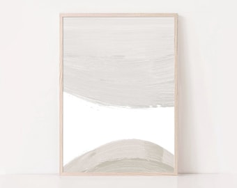 May include: Abstract art print with two large, light gray brushstrokes on a white background. The print is framed in a light wood frame.