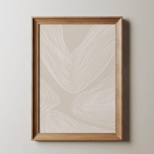 ベージュの抽象画プリント、流れるような白い線、ミニマルな装飾（デジタルプリント）