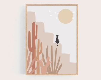 Abstrakte Wüstenlandschaft als Kunstdruck, Kaktus und Katze