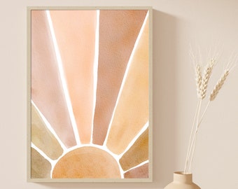 Pintura del sol, arte de la acuarela, arte abstracto del amanecer, arte de la pared moderna, impresión de arte abstracto, impresión minimalista, arte de la pared de la sala de estar