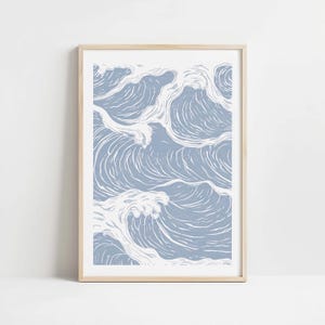Ocean Waves Linocut Print Blue Japanese Style Coastal Wall Art Nautical Decor Print Bathroom Art Beach House Illustration Minimalist Sea Art