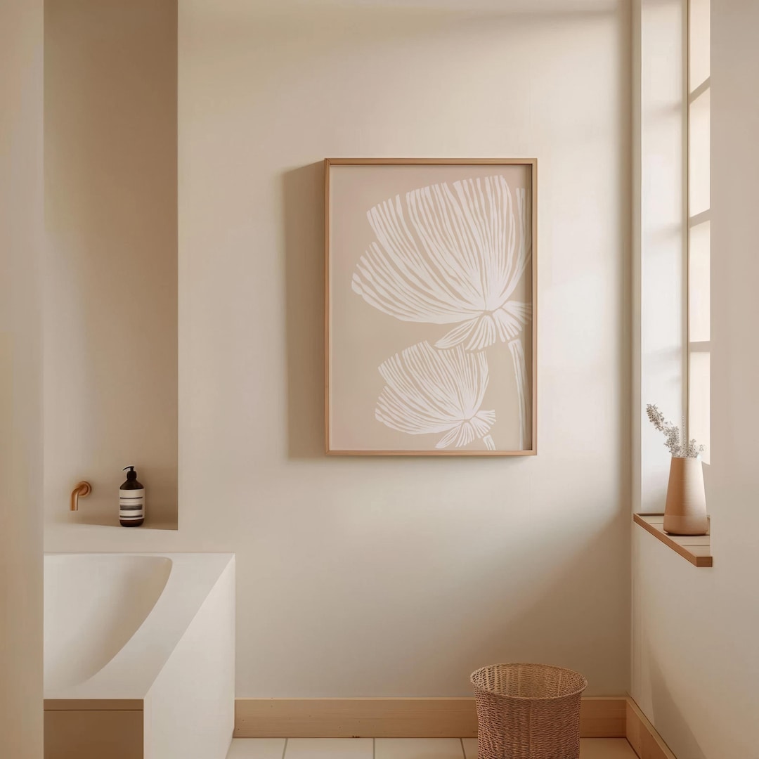 Botanical Line Art Print: White Leaves, Beige Minimalist Decor (digital ...