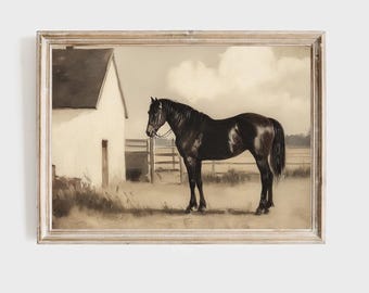 May include: A sepia-toned framed print of a black horse standing in a field next to a white building. The horse is wearing a bridle and is the focal point of the artwork. The background includes a fence, trees, and a cloudy sky.
