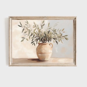 May include: A framed painting of a terracotta vase filled with green leafy branches against a light blue background.