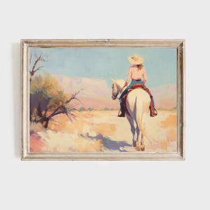 Cowgirl on Horse Painting, Western Landscape Art Print, Desert Scene Artwork, Ranch Life Wall Decor, Rustic Cowboy Decor, Pastel Colors