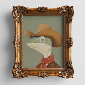 May include: A painting of a green lizard wearing a brown cowboy hat and a red bandana. The lizard is wearing a brown jacket and has a serious expression on its face. The painting is framed in a gold frame.