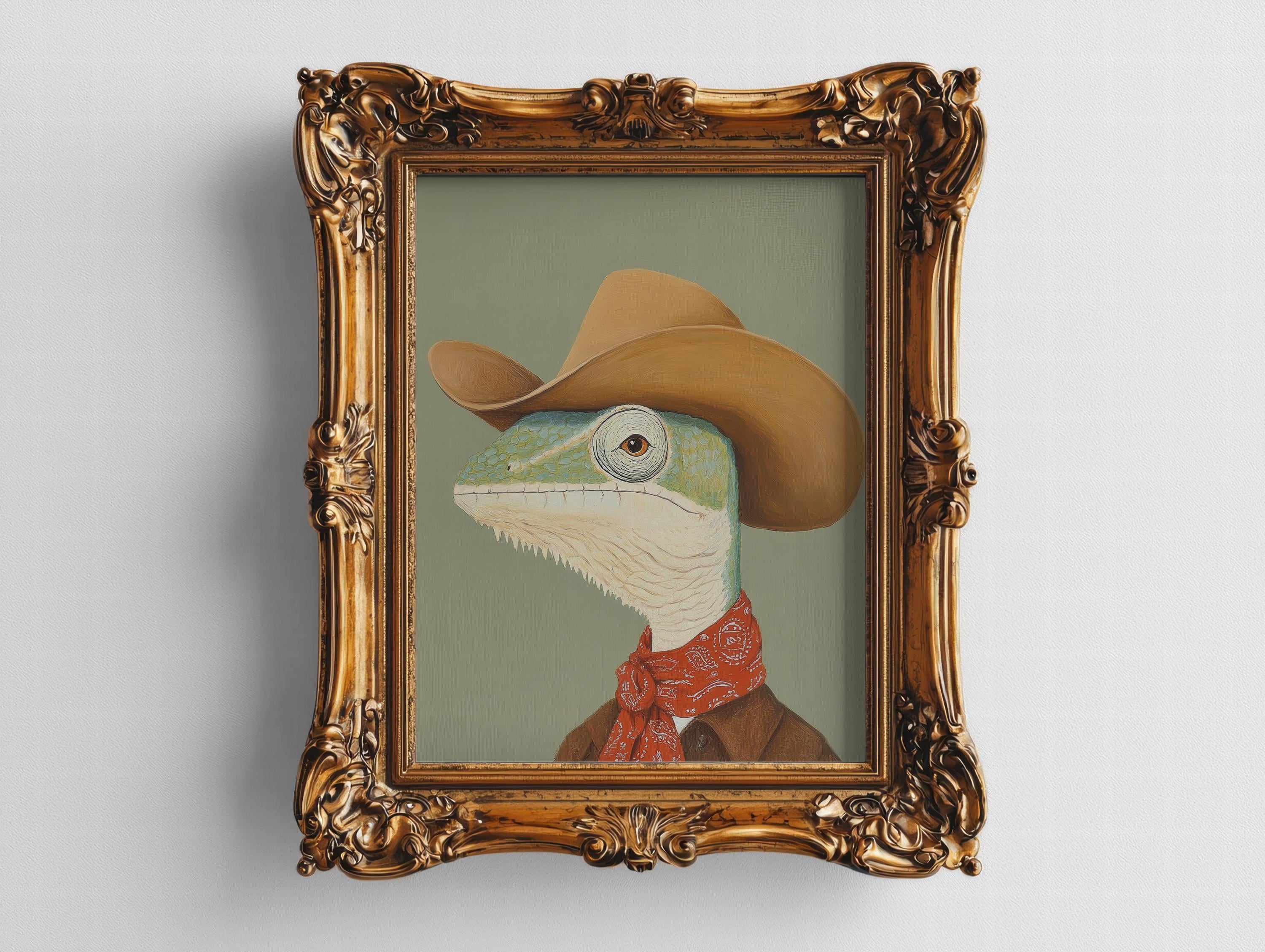 Cowboy Lizard Print: Funny Reptile Portrait Western Decor  display picture 3