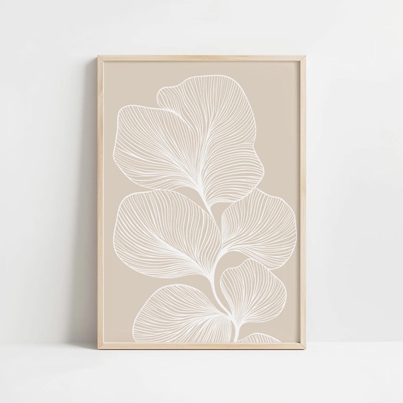 Botanical Line Art Print: Minimalist Leaves, Beige Background (Digital Download)