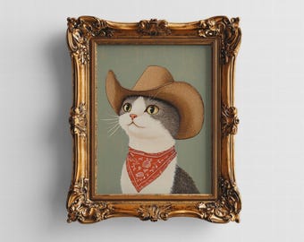 Cowboy Cat Art Print, Western Pet Portrait (Digital Download)