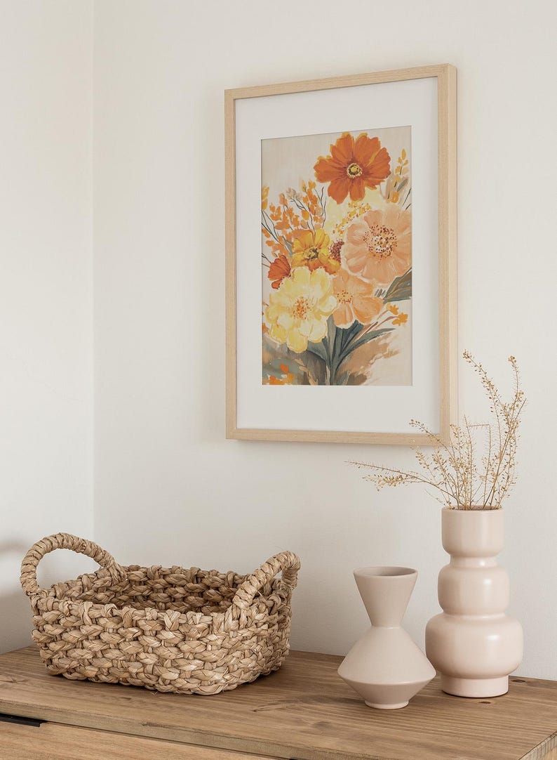 Orange and Yellow Floral Art Print, Boho Botanical Wall Decor, Vibrant