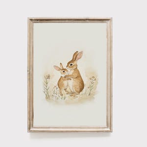 Hase Mutter Kind Druck, Kaninchen Kinderzimmer Wand Kunst, Waldtier Dekor, Baby Zimmer Kunst, Aquarell Häschen Druck, Ostern Wand dekor