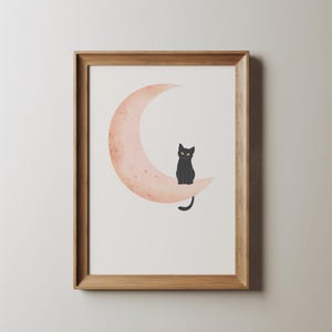 Moon and Cat Art Print, Beige Pink Wall Art, Black Cat Art Print, Neutral Wall Art, Boho Decor, Abstract Sun Art
