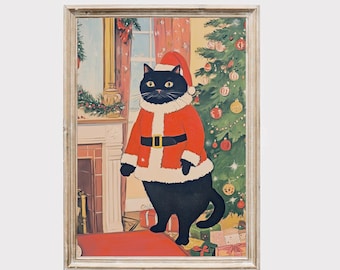 May include: Framed print of a black cat in a Santa Claus costume. The cat is wearing a red suit with white trim and a hat. The background includes a Christmas tree, fireplace, and presents, evoking a festive atmosphere.