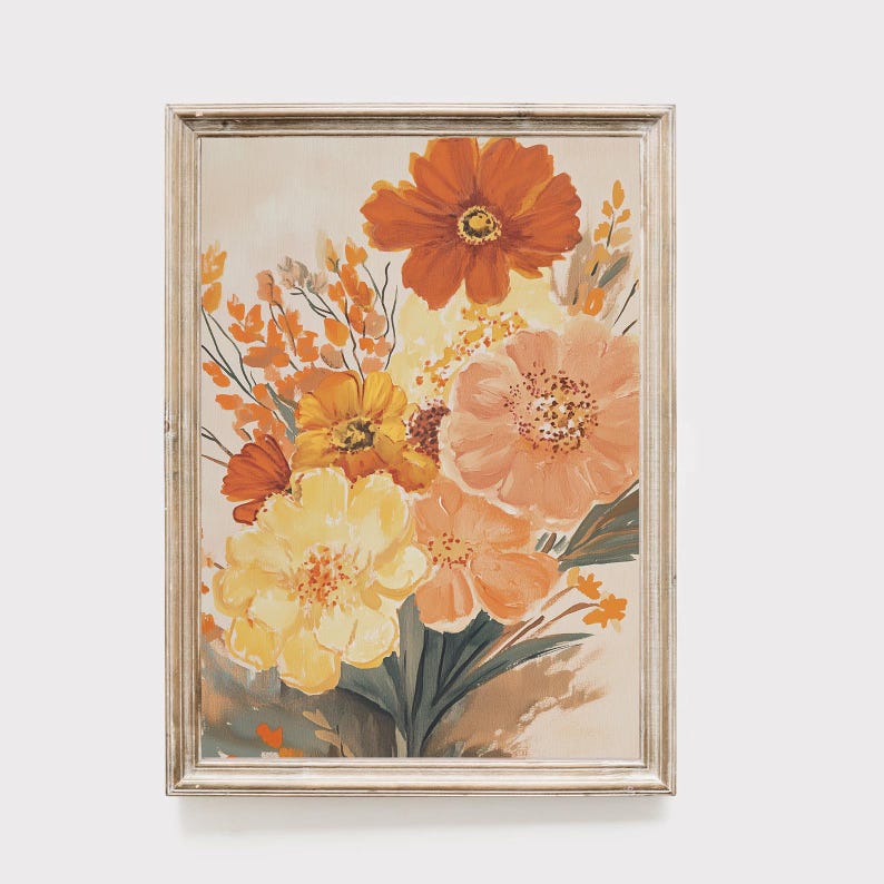 Orange and Yellow Floral Art Print, Boho Botanical Wall Decor, Vibrant