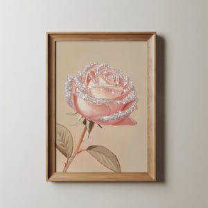 Impresión de arte de pared de rosa rosa, póster de rosa con diamantes brillantes, pintura floral brillante, decoración de dormitorio femenino, impresión botánica moderna