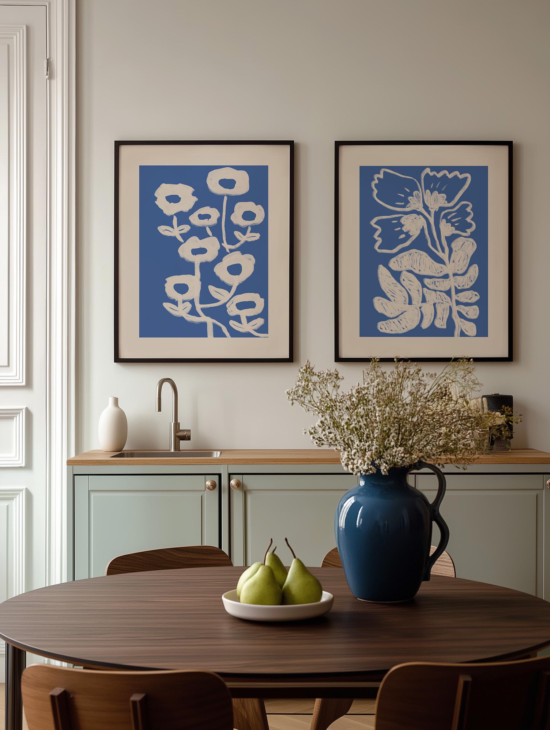 Abstract Floral Art Print Set of 2 Blue Beige Botanical Wall Decor Mid ...