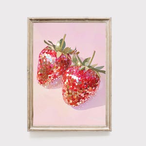 Sparkly Strawberry Print: Pink Kitchen Art, Summer Berry Decor (Digital Download)