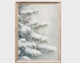 May include: A framed winter landscape painting. The artwork depicts snow-covered pine branches with small pine cones. The color palette is soft, with shades of white, gray, and brown, creating a serene winter scene.