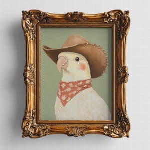 Cowboy Nymphensittich Vogel Druck, Lustiger Vogel Druck, Western Bauernhaus Dekor, Tier Porträt Poster, Rustikaler Wohnstil, Einzigartige Geschenkidee