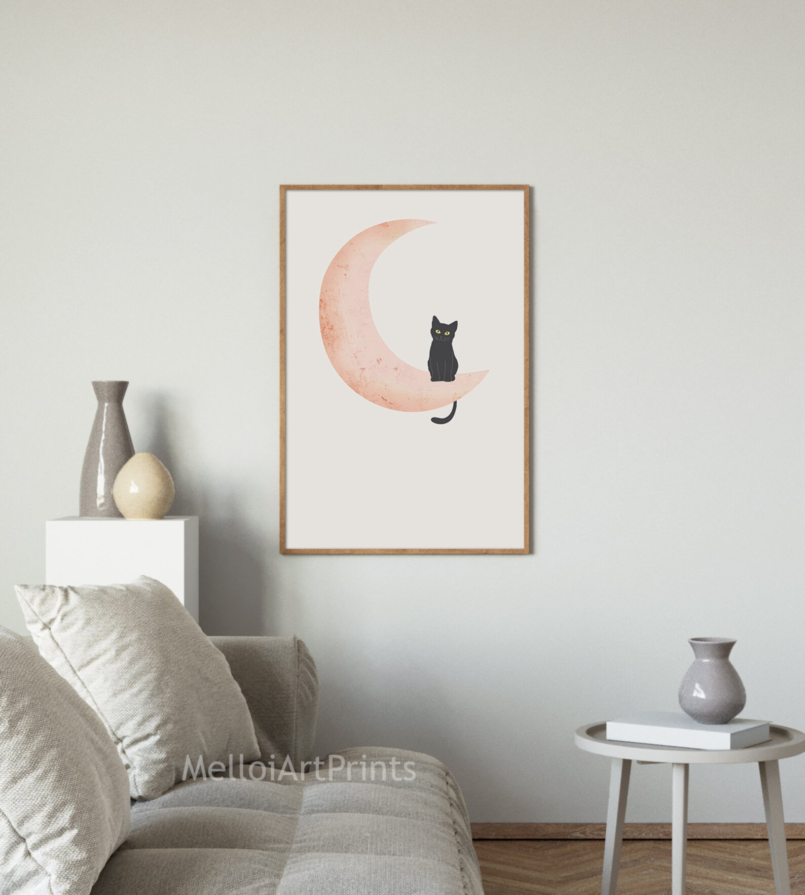 Moon and Cat Art Print Beige Pink Wall Art Black Cat Art | Etsy