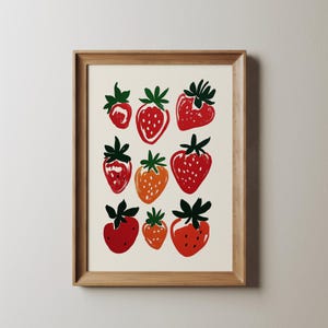 赤いイチゴのフルーツアートプリント キッチン装飾 植物イラスト レトロな食べ物の壁アート カラフルなベリーの絵画 モダンな農家のキッチンアート