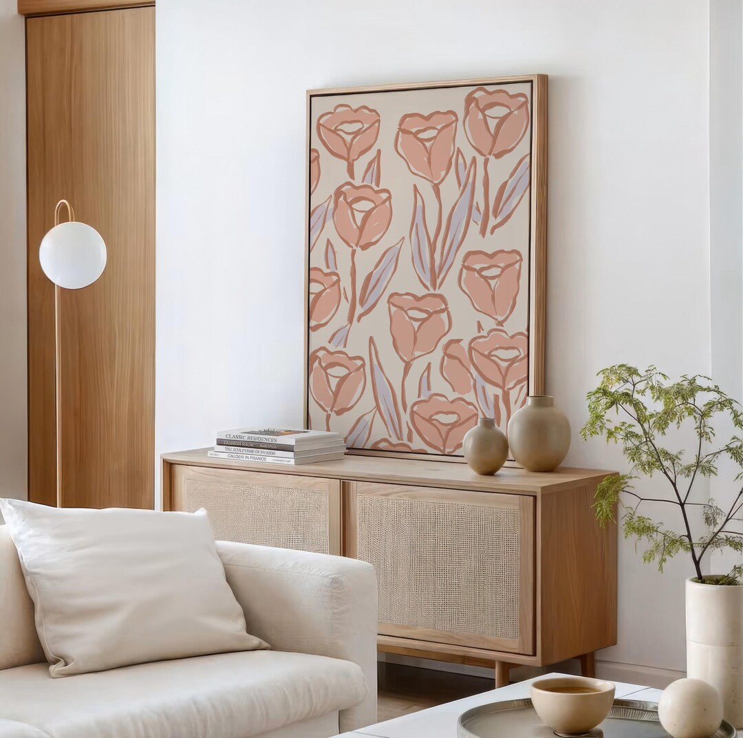 Pink Tulip Line Art Print: Minimalist Beige Botanical Wall Decor ...