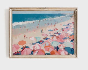 Vibrant Beach Scene Art Print, Impressionist Coastal Decor (Digital Download)