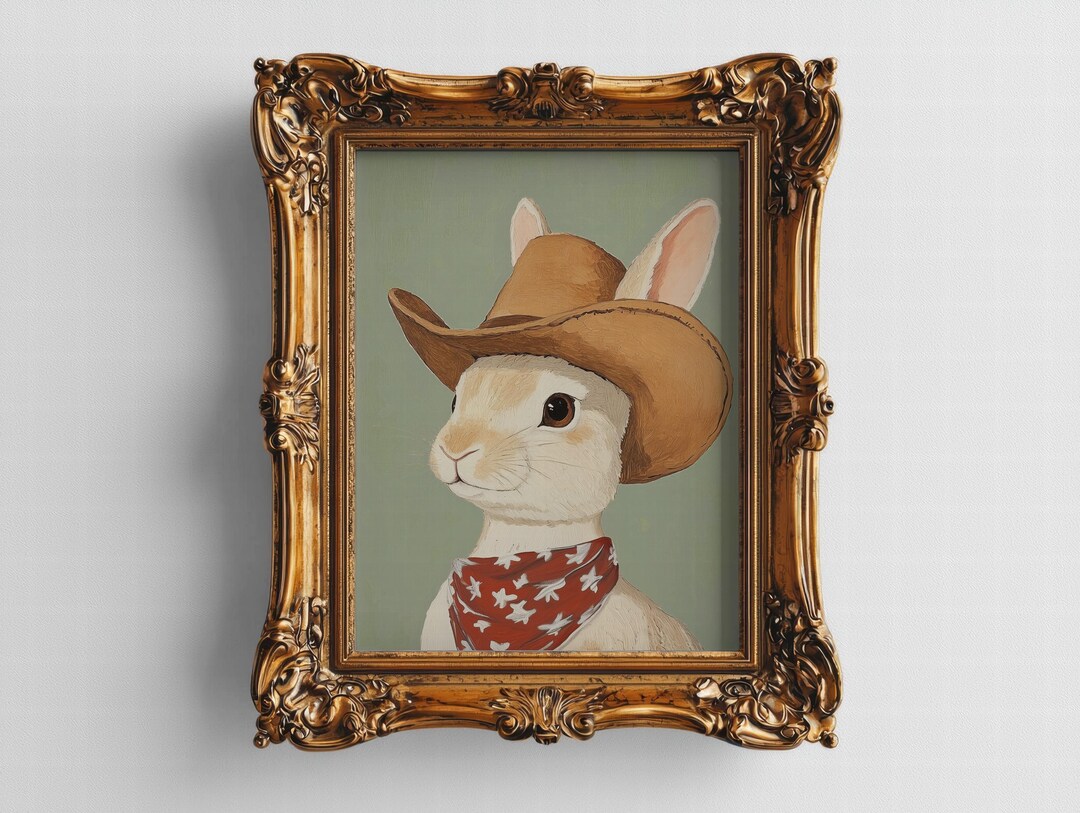 Cowboy Bunny Print, Western Rabbit Art, Funny Animal Portrait, Easter ...