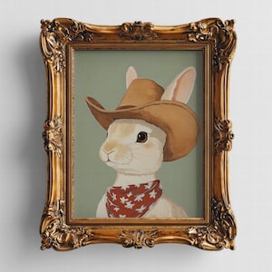 Cowboy Bunny Print, Western Rabbit Art, Funny Animal Portrait, Easter Decor, Farmhouse Wall Art, Country Home, Nursery Animal Print