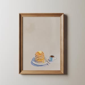 Aquarell Stapel Pfannkuchen mit Butter, Ahornsirup und Kaffee Küche Wand Kunst Frühstück Essen Illustration Minimalistisches Esszimmer Dekor
