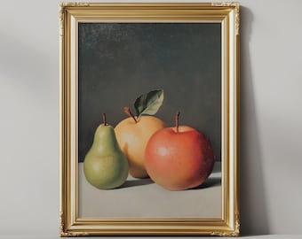 Könnte beinhalten: Ein gerahmtes Stillleben mit einer grünen Birne, einem gelben Apfel und einem roten Apfel auf weißem Hintergrund.
