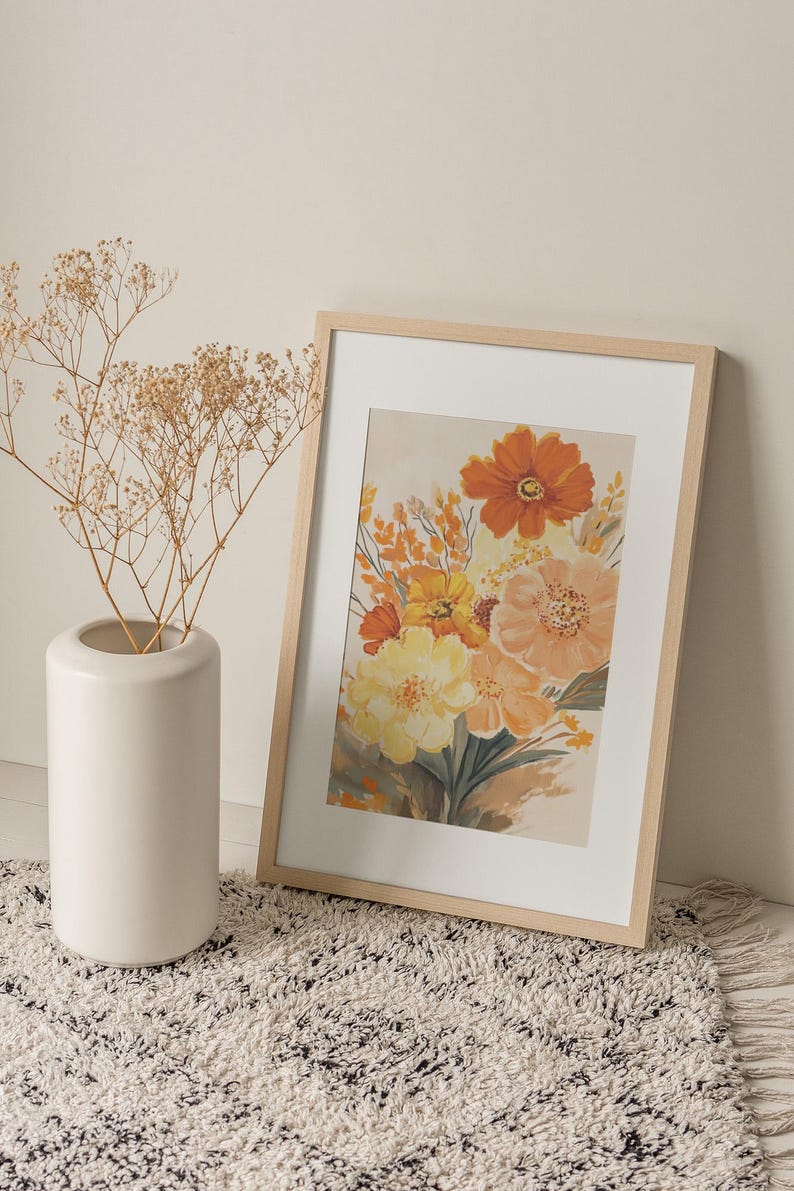 Orange and Yellow Floral Art Print, Boho Botanical Wall Decor, Vibrant
