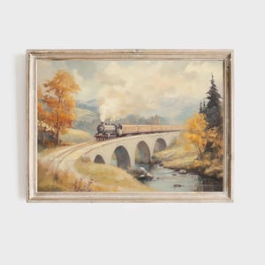 Vintage Steam Train Art Print, Autumn Railroad Bridge Painting, Fall Landscape Wall Decor, Mountain Train Scene, Railway Wall Art
