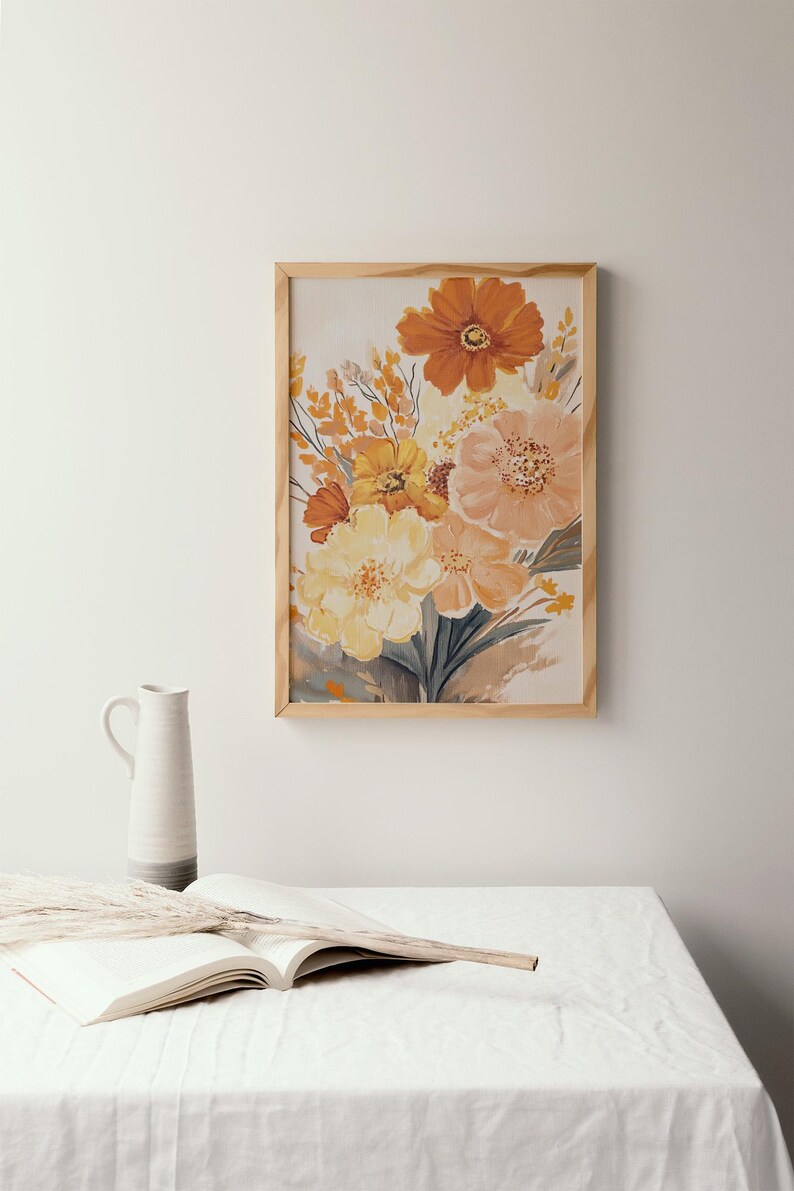 Orange and Yellow Floral Art Print, Boho Botanical Wall Decor, Vibrant