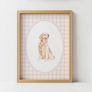 Golden Retriever Art Print with Pink Bow Cute Dog Illustration on Pink Checkered Background Pet Lover Gift Wall Decor Nursery Art