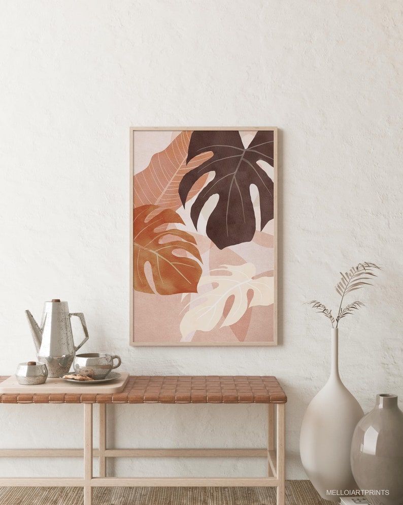 Monstera Wall Art, Girl Room, Gift for Mom, Leaf Digital Print, Abstract Gallery, Terracotta Art, Mid Century, Modern Art Print, Boho Art image 3