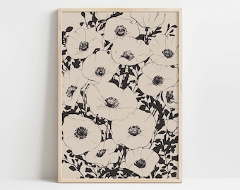 Black and White Poppy Flower Botanical Print Minimalist Line Drawing Wall Art Modern Farmhouse Decor Beige Background Neutral Home Artwork