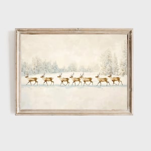 Arte mural de renos invernales, impresión navideña escandinava, decoración navideña nórdica, impresión artística de escena nevada, obra de arte minimalista de bosque invernal