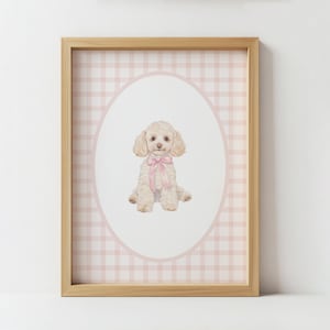 Poodle Wall Art Print, Pink Nursery Decor, Baby Girl Room Decor, Watercolor Dog Portrait, Puppy Artwork, Shabby Chic Pet Print,Gingham Frame