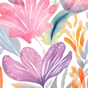 Könnte beinhalten: Ein Aquarellbild mit einem nahtlosen Muster aus rosa, lila und orangefarbenen Blumen mit weißen Akzenten. Die Blumen sind abstrakt und haben ein zartes, fließendes Design.