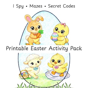 Może przedstawiać: Drukowany pakiet aktywności wielkanocnych z kreskówkowymi ilustracjami królika, kurczaka, jagnięcia i kurczaka. Pakiet zawiera „I Spy”, labirynty i tajne kody. Tekst brzmi: „Sunny & Friends Easter Activity Pack” i „Fun Easter Activities for Kids Ages 3-6”.
