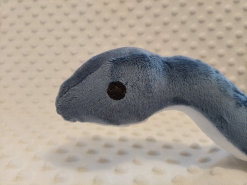 May include: Close-up of a blue plush snake with a black eye. The snake is lying on a white textured surface.