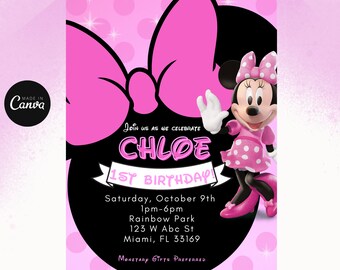 Könnte beinhalten: Eine rosa und schwarze Geburtstagseinladung mit Minnie Mouse. Die Einladung enthält den Namen "Chloe", das Datum, die Uhrzeit und den Ort der Party. Der Text "1. Geburtstag" ist ebenfalls enthalten. Die Einladung wurde in Canva erstellt.