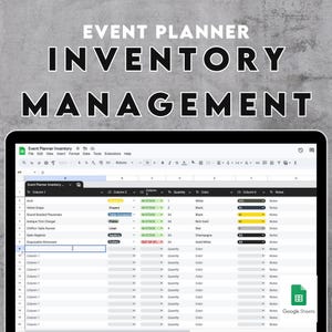 Op de afbeelding: Een screenshot van een Google Sheet-spreadsheet met de titel "Event Planner Inventory". De spreadsheet wordt gebruikt om de inventaris van een evenementenplanner bij te houden. De spreadsheet bevat kolommen voor de naam van het item, de hoeveelheid, de kleur en notities.