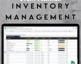 May include: A screenshot of a Google Sheet spreadsheet titled "Event Planner Inventory". The spreadsheet is used to track inventory for an event planner. The spreadsheet includes columns for item name, quantity, colour, and notes.